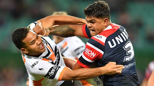 Rooster booster: Latrell Mitchell gave the Tigers nightmares at the SCG last Saturday night.