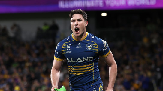 Mitchell Moses celebrates during Friday night’s win over Canberra.