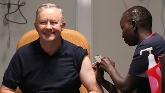 Opposition Leader Anthony Albanese received his first COVID-19 vaccination in February.