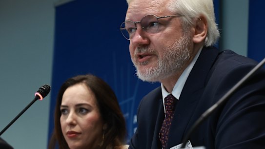 Julian Assange, founder of WikiLeaks, delivers a speech beside his wife Stella Assange at the European council in Strasbourg, France, on Wednesday.