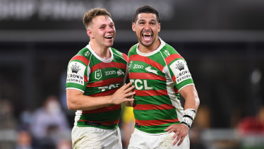 Blake Taaffe, who replaced Latrell Mitchell at fullback, and Cody Walker celebrate.