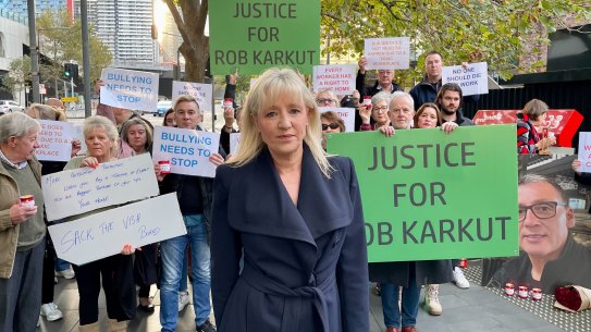 Andrea Holden, widow at the VBA holding a vigil for anniversary of her husband’s death. This also follows the resignation of Victorian Building Authority CEO, Sue Eddy this week. Friday 12th May 2023. Photo Marta Pascual Juanola The Age