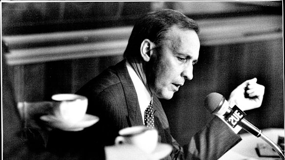 Paul Keating talking to John Laws on his radio show. Keating used Laws to spark an economic call to arms.