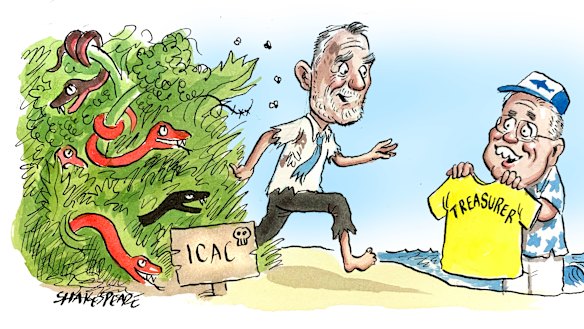 Unscathed by ICAC, Simon McInnes is now the treasurer of Prime Minister Scott Morrison's Cook electoral conference. Illustration: John Shakespeare