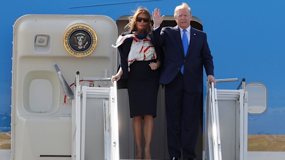 President Donald Trump and first lady Melania Trump arrive at Stansted Airport in England on Monday.
