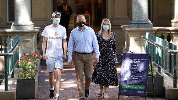 Labor leader Anthony Albanese, pictured with son Nathan and girlfriend Jodie Haydon, leaves Royal Prince Alfred Hospital after a car crash. 