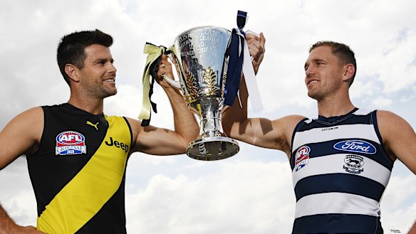To the winner the spoils: Trent Cotchin and Joel Selwood.