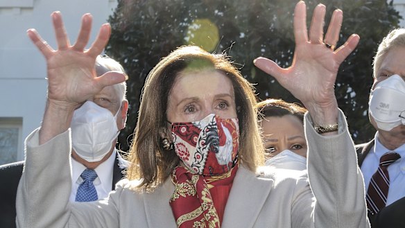 US House Speaker Nancy Pelosi, a Democrat from California, speaks during a news conference following a meeting with President Joe Biden at the White House after the votes.