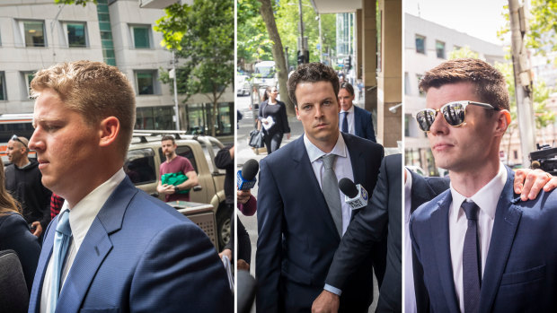 Sam Walker, Dominic Walker and Benjamin Fitt leave court after an earlier hearing.