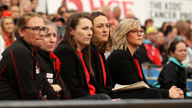 NSW Swifts coach Briony Akle (right) has been left in isolation in Adelaide after being identified as a close contact. 