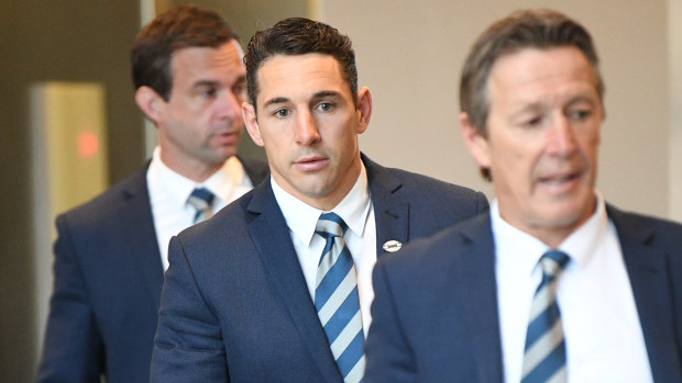 The decision: Craig Bellamy and Billy Slater arrive for the judiciary hearing on Tuesday.