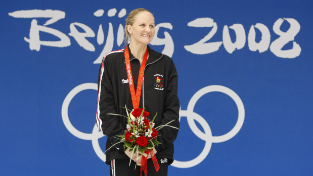 Kirsty Coventry receiving her gold medal after the women’s 200-meter backstroke final at the Beijing 2008 Olympics.