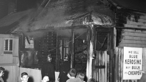  A cracker is blamed for a fire which badly damaged this house in Northwood Street, Newtown,  on Cracker Night, 23rd May 1959.  