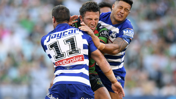 Sam Burgess on the charge against the Bulldogs on Friday.