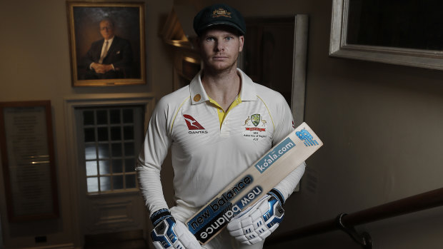 New Don? Steve Smith poses before a portrait of Donald Bradman in the Members Pavilion at Lord's.