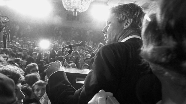 Bobby Kennedy at a California primary victory rally, minutes before his shooting.
