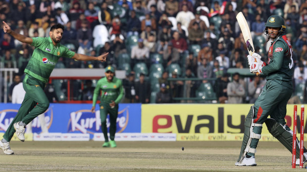 Pace ace: Haris Rauf celebrates after claiming a wicket against Bangladesh during their T20 match at Gaddafi Stadium in Lahore last Saturday.