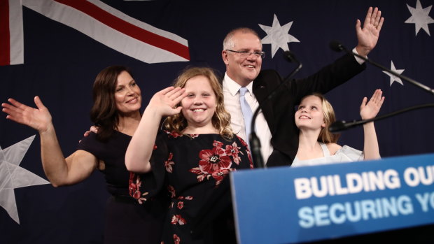 Prime Minister Scott Morrison speaks to Liberal Party supporters at his election party at the Sofitel Wentworth in Sydney.