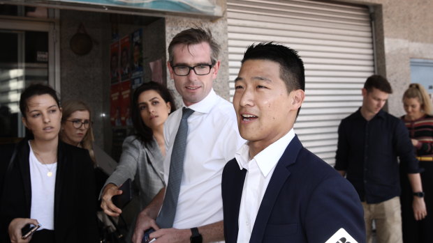 Treasurer Dominic Perrottet with the NSW candidate for Kogarah Scott Yung on Wednesday.