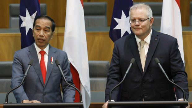 President of Indonesia Joko Widodo and Prime Minister Scott Morrison address the media at Parliament House.