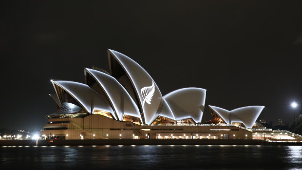 The Silver Fern of New Zealand is displayed on the Sydney Opera House as a show of support and respect for the people of New Zealand.