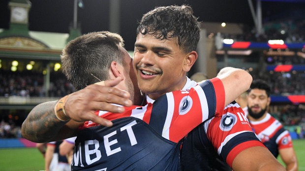 Latrell Mitchell and Luke Keary  celebrate the Roosters' preliminary final win over the Storm that gives them a shot at back-to-back NRL titles.