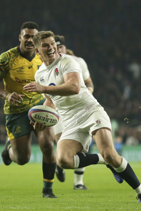 Owen Farrell smiles after scoring a try against Australia in 2018. 