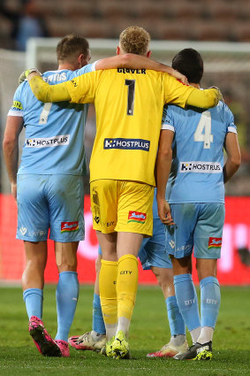 City’s Rostyn Griffiths, Tom Glover and Nuno Reis enjoy the moment of the semi-final win.