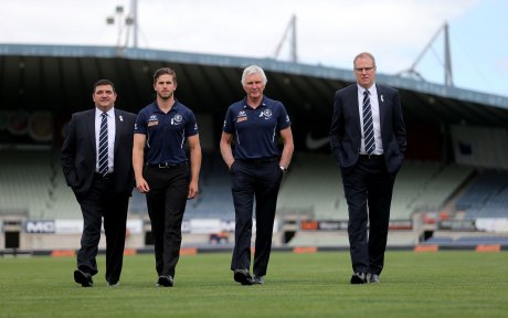From left: president Mark LoGiudice, captain Marc Murphy, coach Mick Malthouse and CEO Steven Trigg in 2014.