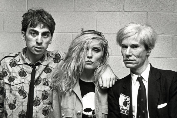 Chris Stein with Debbie Harry and Andy Warhol, who Stein says became “enamoured with celebrities”.