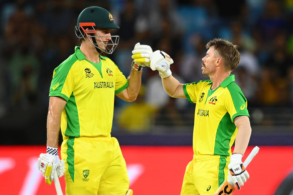 David Warner with Mitch Marsh at the 2021 T20 World Cup, won by Australia.
