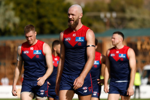 Max Gawn leads the Demons off the field after being thrashed by Fremantle.