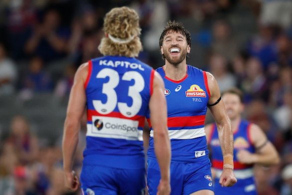 The dogs did it: Aaron Naughton and Marcus Bontempelli.