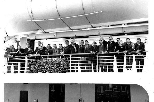 Australia’s 1961 touring party departs Fremantle in Western Australia, bound for their months-long trip to England. 