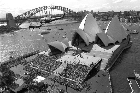Crowds at the 1973 opening of the Sydney Opera House.