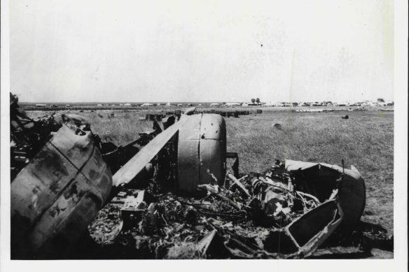 The remains of one of the six large aircraft which included two flying Fortresses and two Liberators, destroyed on the aerodrome in the Japanese air raid on Broome, on March 3, 1942. 