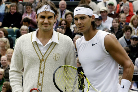 Federer and Nadal at Wimbledon in 2008.