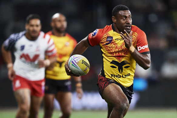 Edene Gebbie of Papua New Guinea makes a break during a Rugby League World Cup 9s match against USA at Sydney’s Bankwest Stadium in 2019.