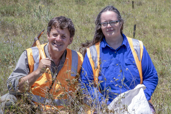 John Bradford, ecologist and contractor on the Sunshine diuris project, with Karen Lester, senior biodiversity officer of the Victorian Department of Environment, Land, Water and Planning.  