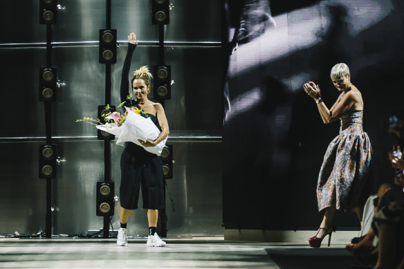 Pip Edwards takes her bow at the end of the P.E Nation Grand Showcase at the Melbourne Fashion Festival on Saturday.