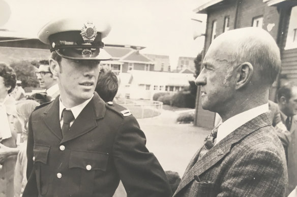 Geoff McEvoy graduating from the Police Depot with his father Stan. 