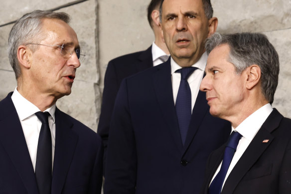 NATO Secretary General Jens Stoltenberg and US Secretary of State Antony Blinken in discussion at the foreign ministers’ meeting.