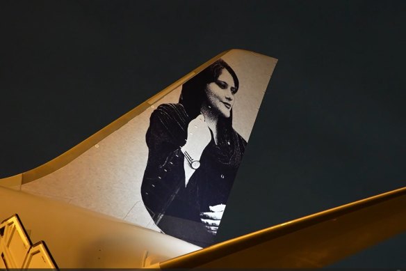 An image of Mahsa Amini, who was killed last September after she was arrested by Iran’s morality police for not wearing a hijab, on the tail of the jet.