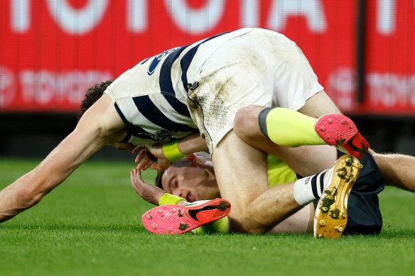 Jeremy Cameron of the Cats collides with the boundary umpire.