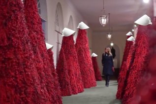 A meme of Melania Trump moving through a White House hall of digitally altered Christmas trees.