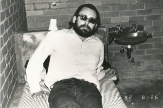 James "Jim Jim" Brandes, aka Sleepy Jim, was sent from the US to Australia by the Hells Angels to kill policemen Bob Armstrong and Steele Waterman. Seen here after being detained at Melbourne Airport in August 1982. 
