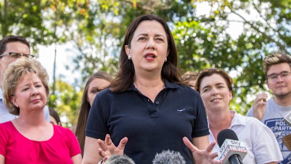 Premier Annastacia Palaszczuk with supporters at a barbecue at Rocks Riverside Park, Seventeen Mile Rocks, on Sunday.