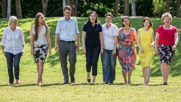 Annastacia Palaszczuk (fourth from right) with winning Labor candidates (left to right) Kim Richards (Redlands), Meaghan Scanlon (Gaven), Bart Mellish (Aspley), Melissa McMahon (Macalister), Charis Mullen (Jordan), Jess Pugh (Mount Ommaney) and Corinne McMillan (Mansfield)  at Seventeen Mile Rocks on Sunday.