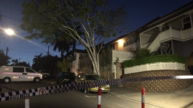 The crime scene at the Woolloongabba home where the man was shot in the leg.