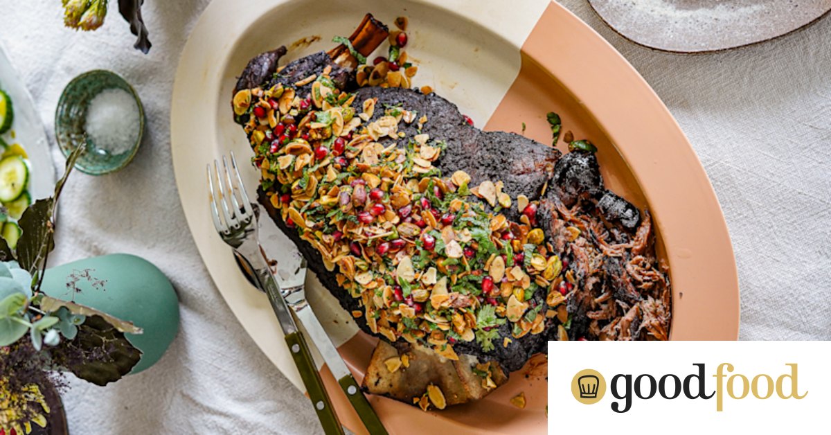Overnight spiced lamb shoulder with an almond pomegranate crust recipe